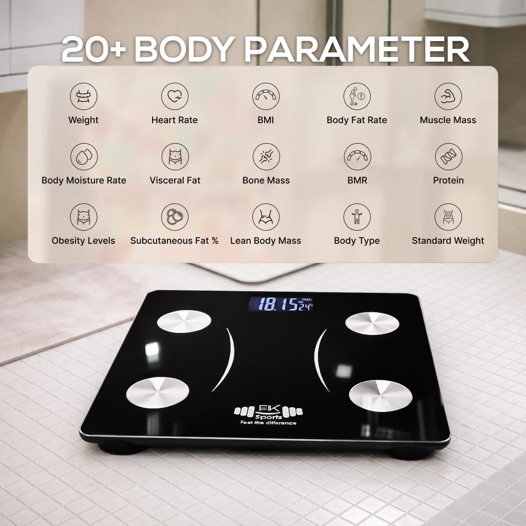 Digital body weighting scale with 20+ body parameter display on a tiled floor.
