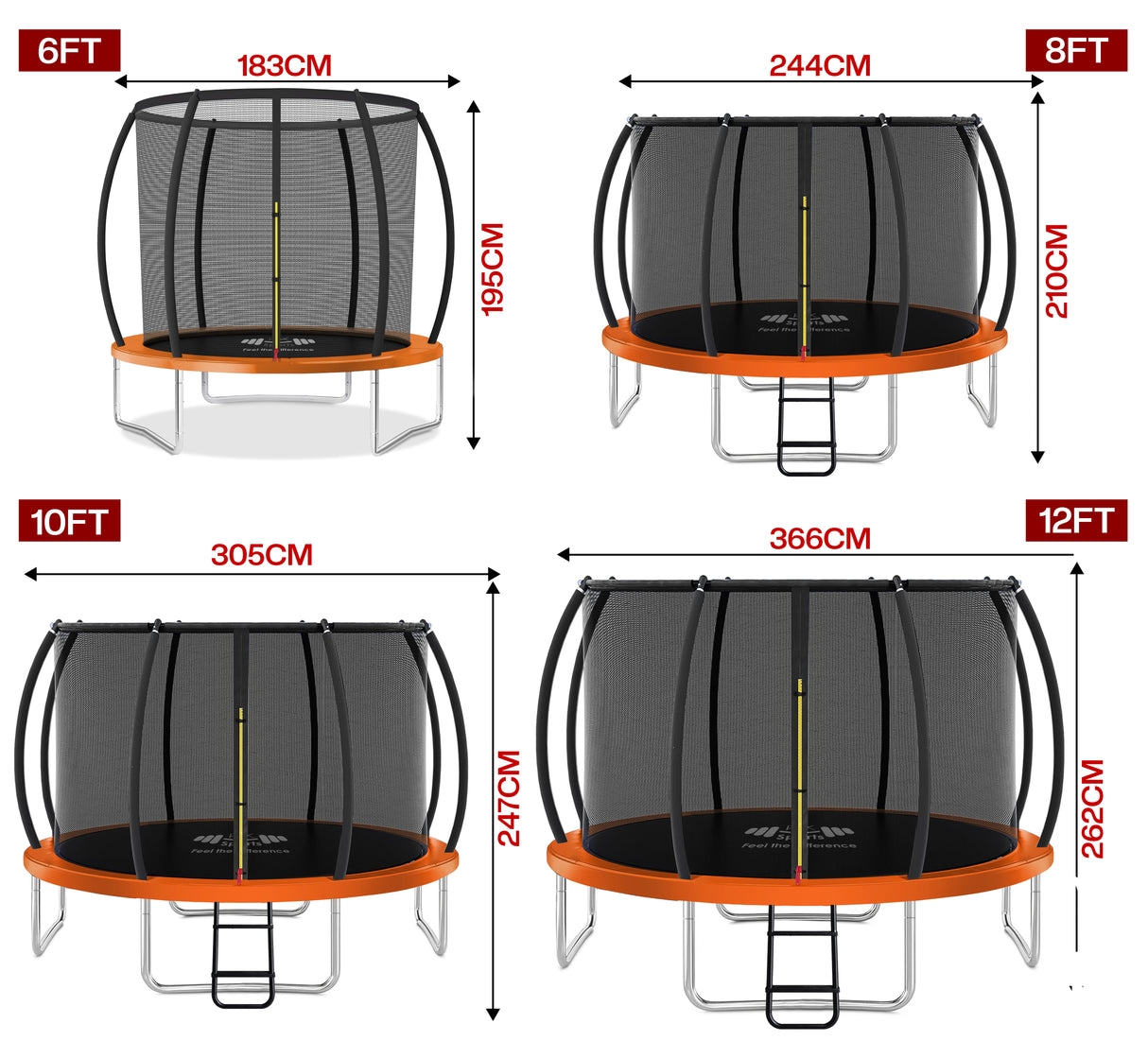 Dimensions of a trampoline in various sizes with measurements in feet and centimeters.
