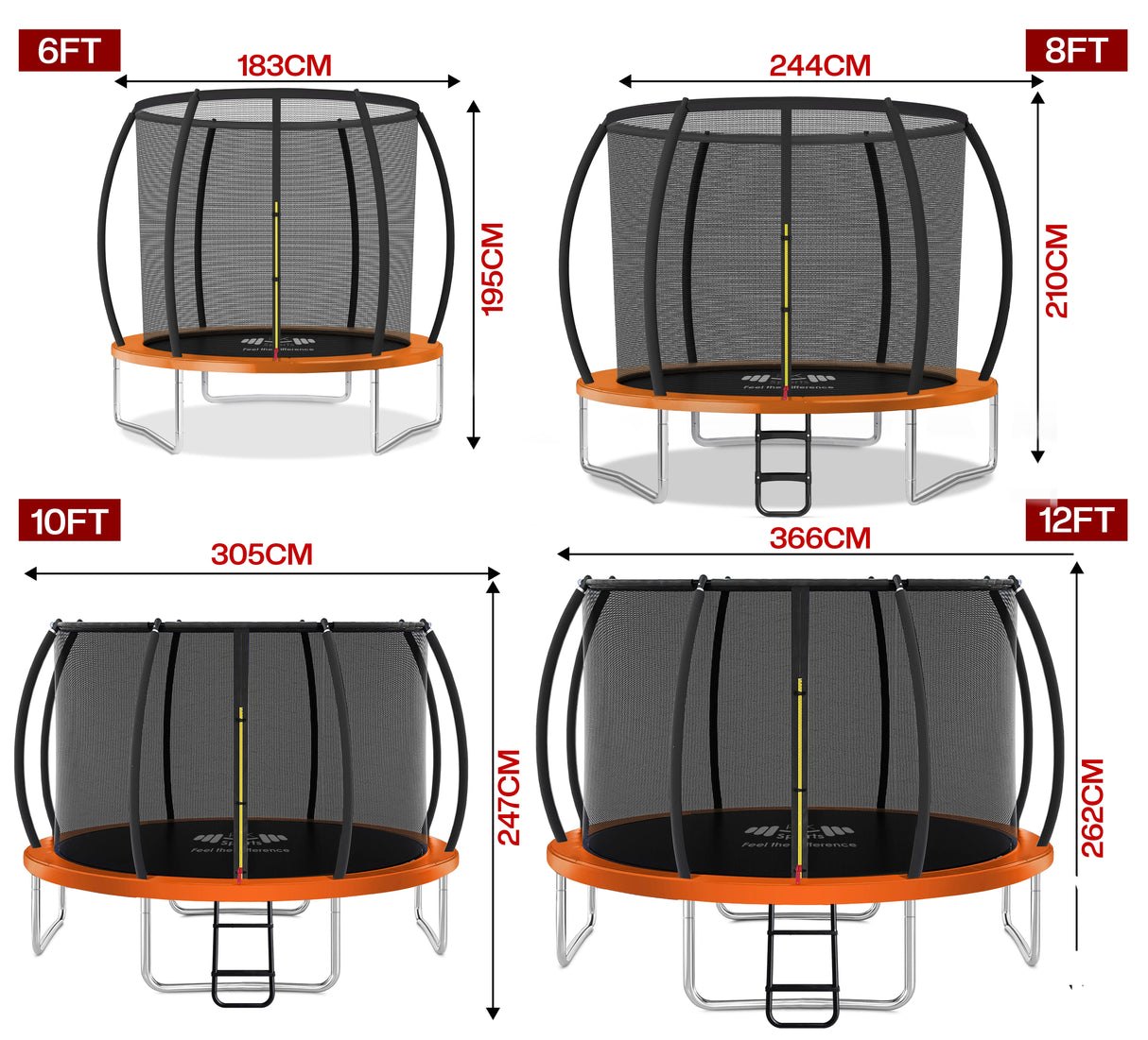 Dimensions of a trampoline in various sizes with measurements in feet and centimeters.