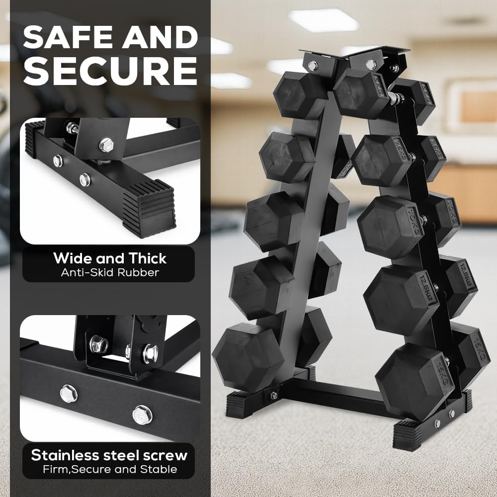 Dumbbell set with a stand labeled 'Safe and Secure' in a home setting.