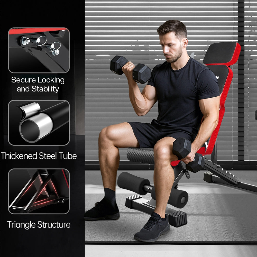 Man exercising with dumbbells on a adjustable gym bench, with text highlighting features like secure locking, stability, thickened steel tube, and triangle structure.