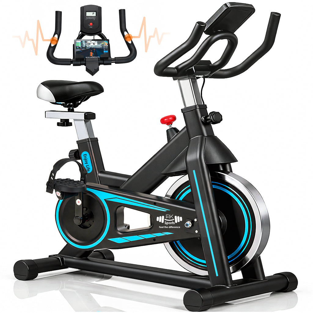 Black and blue stationary bike on a white background