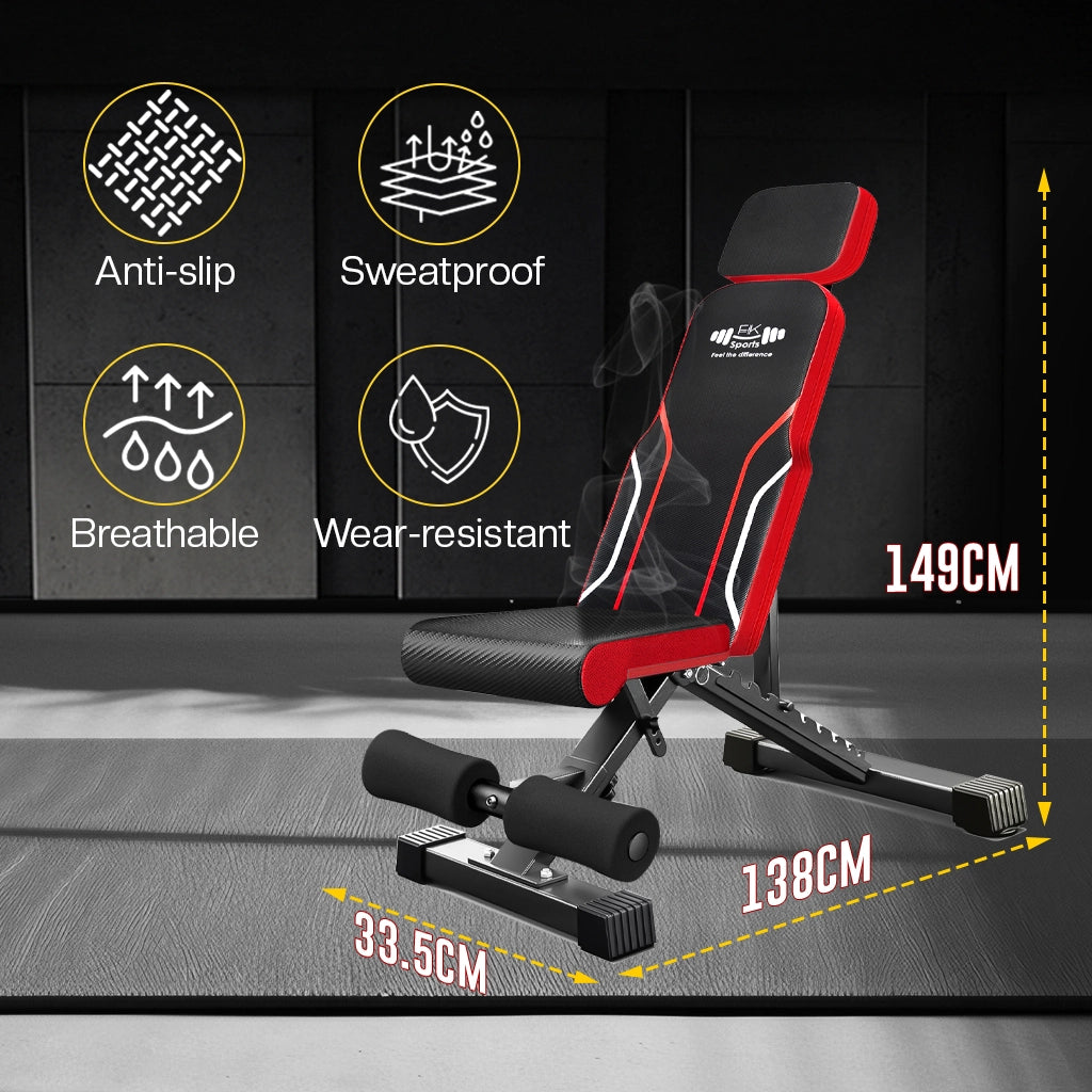 Black and red adjustable weight gym bench with features highlighted on a dark background
