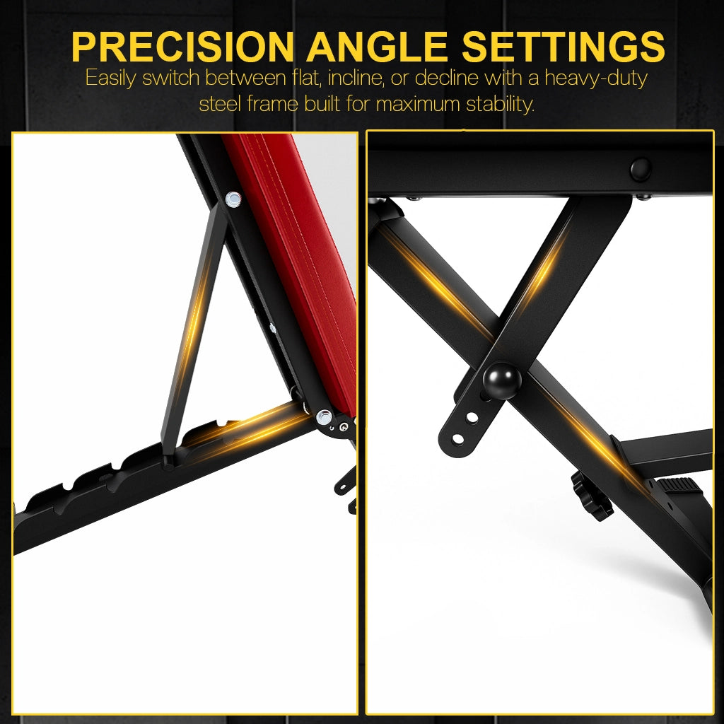 Heavy-duty steel frame with precision angle settings for stability in adjustable weight bench.
