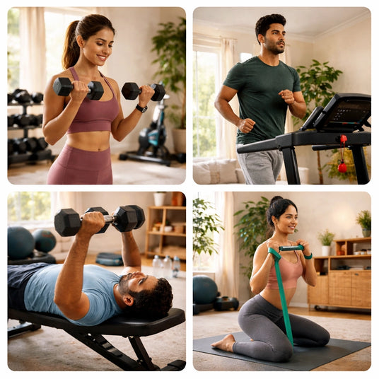 Engaging home gym workout collage featuring diverse individuals. Woman lifting dumbbells, man jogging on a treadmill, man performing bench press, and woman using resistance bands for flexibility exercises in a bright, cozy home gym space.