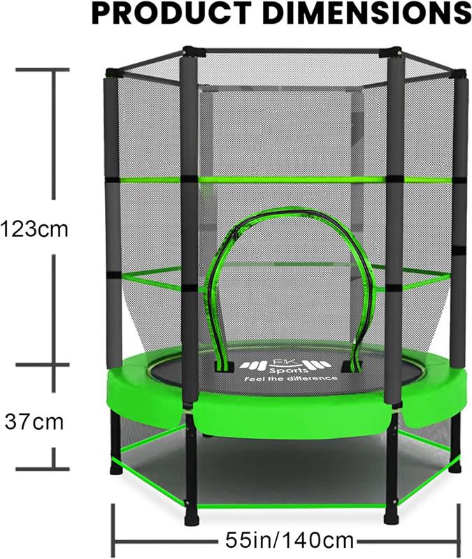55" Kids Trampoline with Safety Enclosure Net – Indoor & Outdoor Mini Rebounder for Toddlers, Ages 1–11, with Bungee System, Anti-Skid Pad & Steel Frame