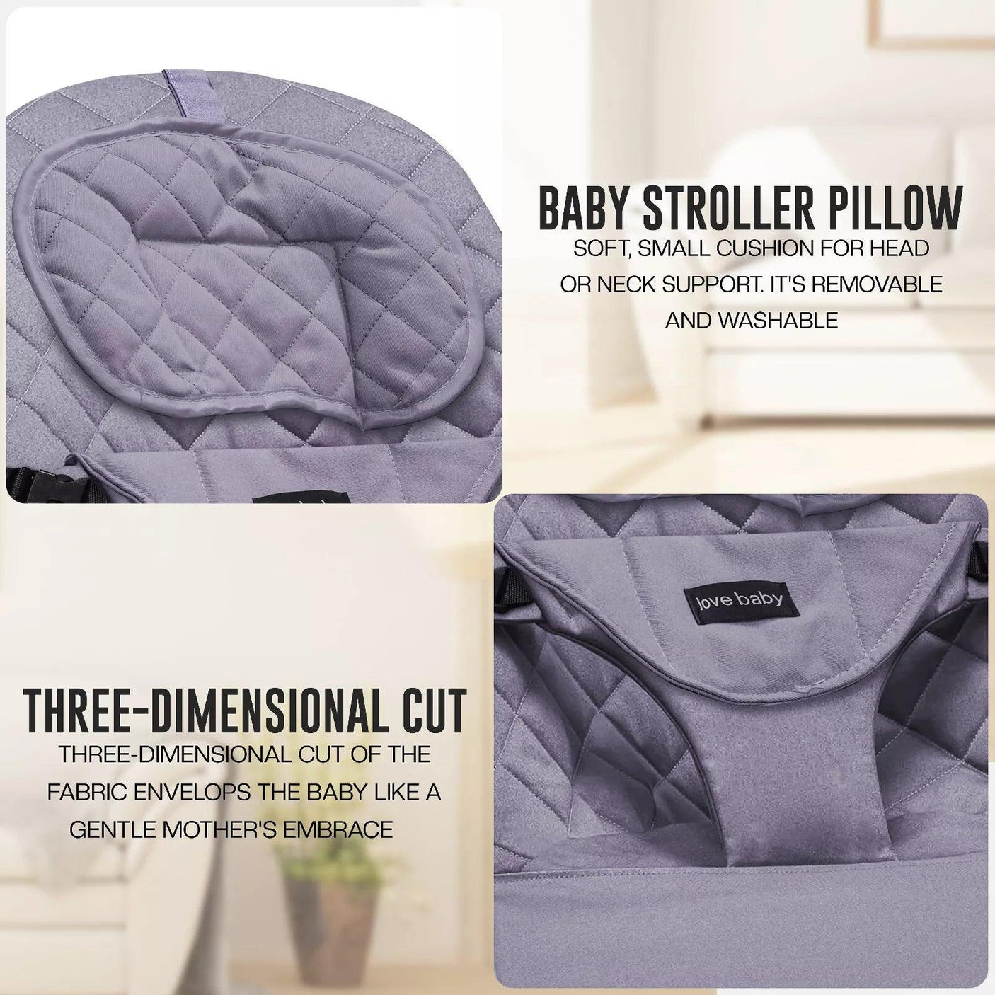 Newborn Baby Bouncer pillow with text on removability and washability.