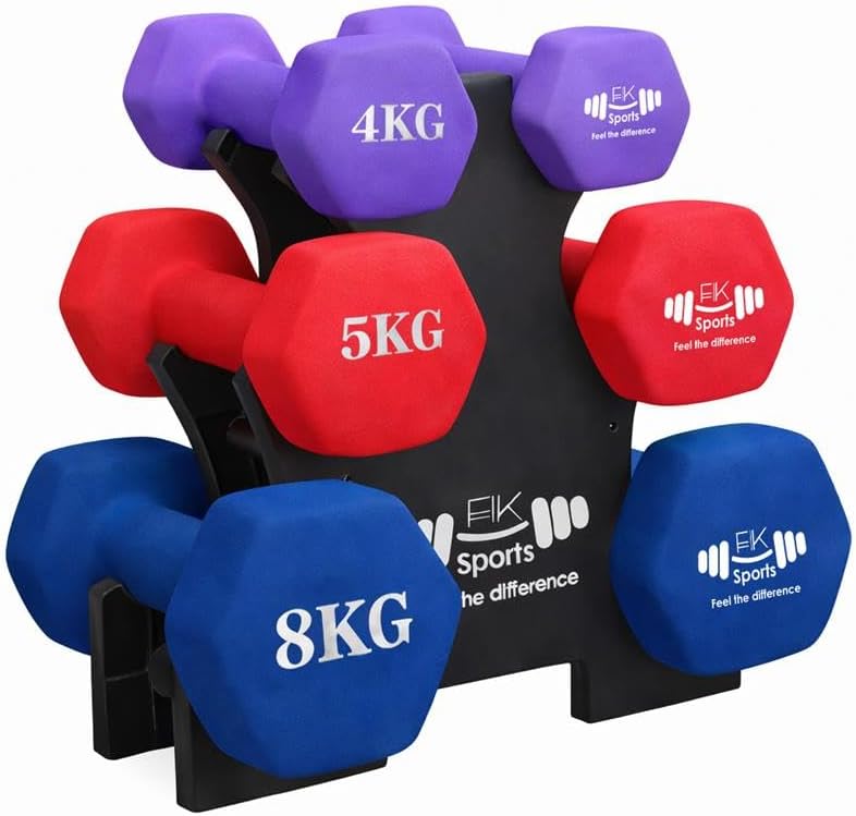 Set of red, blue, and purple dumbbells with weights on a white background