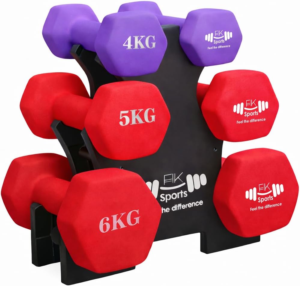 Set of red and purple neoprene dumbbells with weights on a black stand, branded 'FK Sports'.