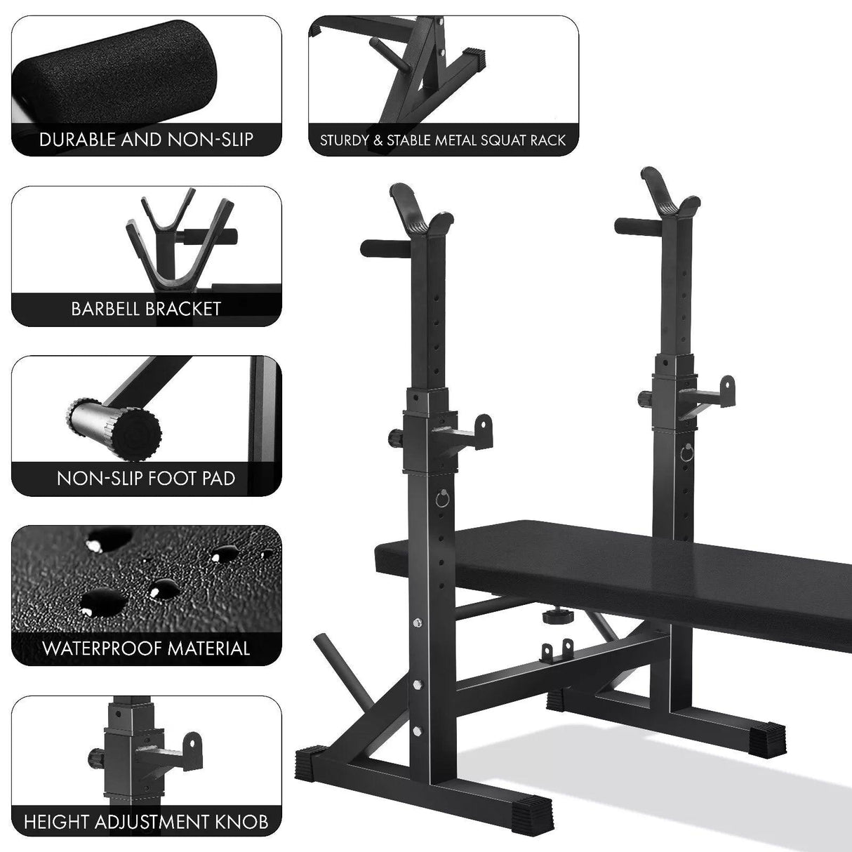 Foldable Weight Bench with Barbell Rack & Dip Station – 6 Levels Adjustable, 200KG Capacity, Multi-Use Home Gym Workout Bench