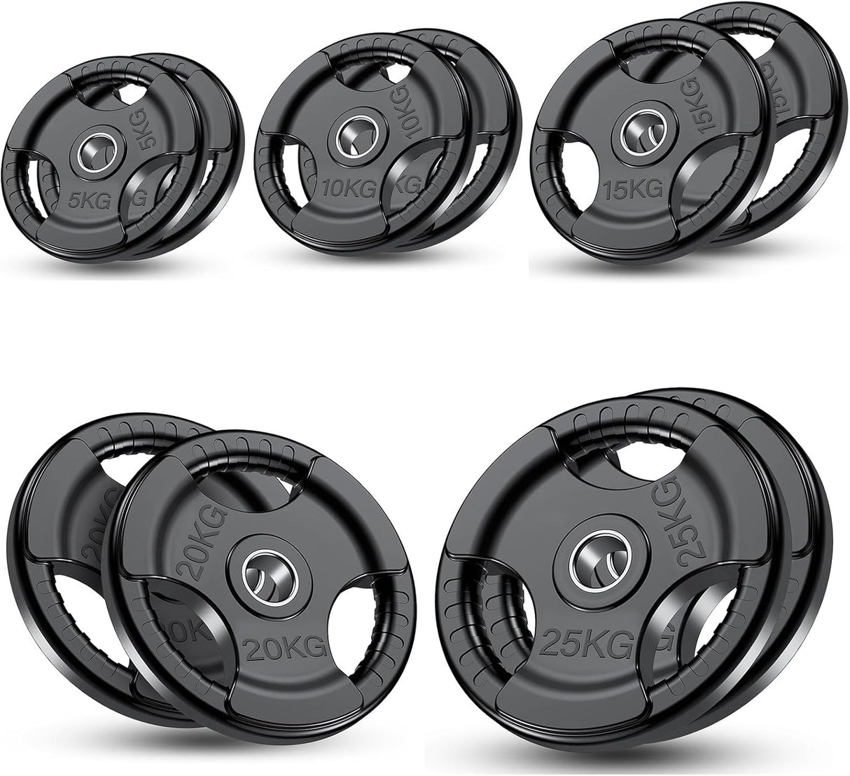 Set of weight plates with varying weights on a white background