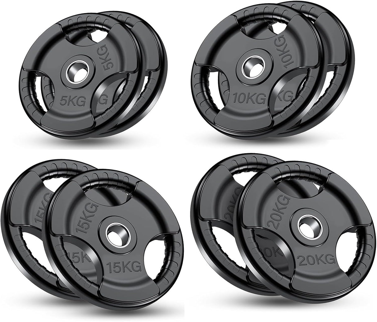 Set of weight plates with different capacities on a white background