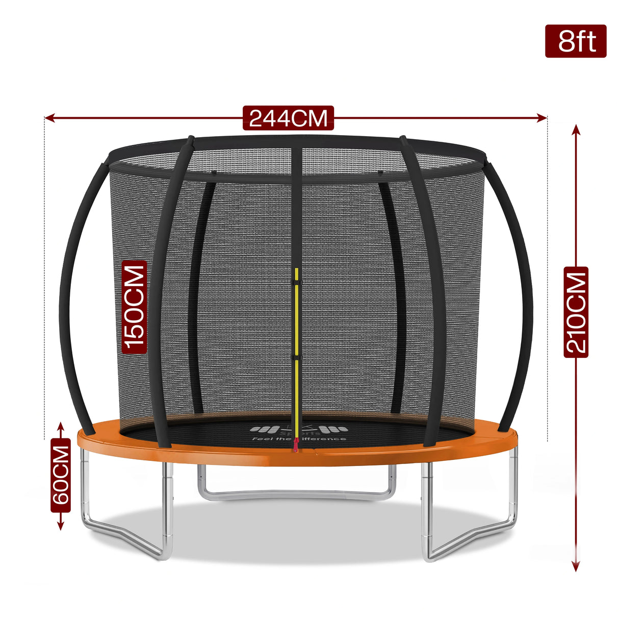 Trampoline with dimensions and weight capacity on a white background