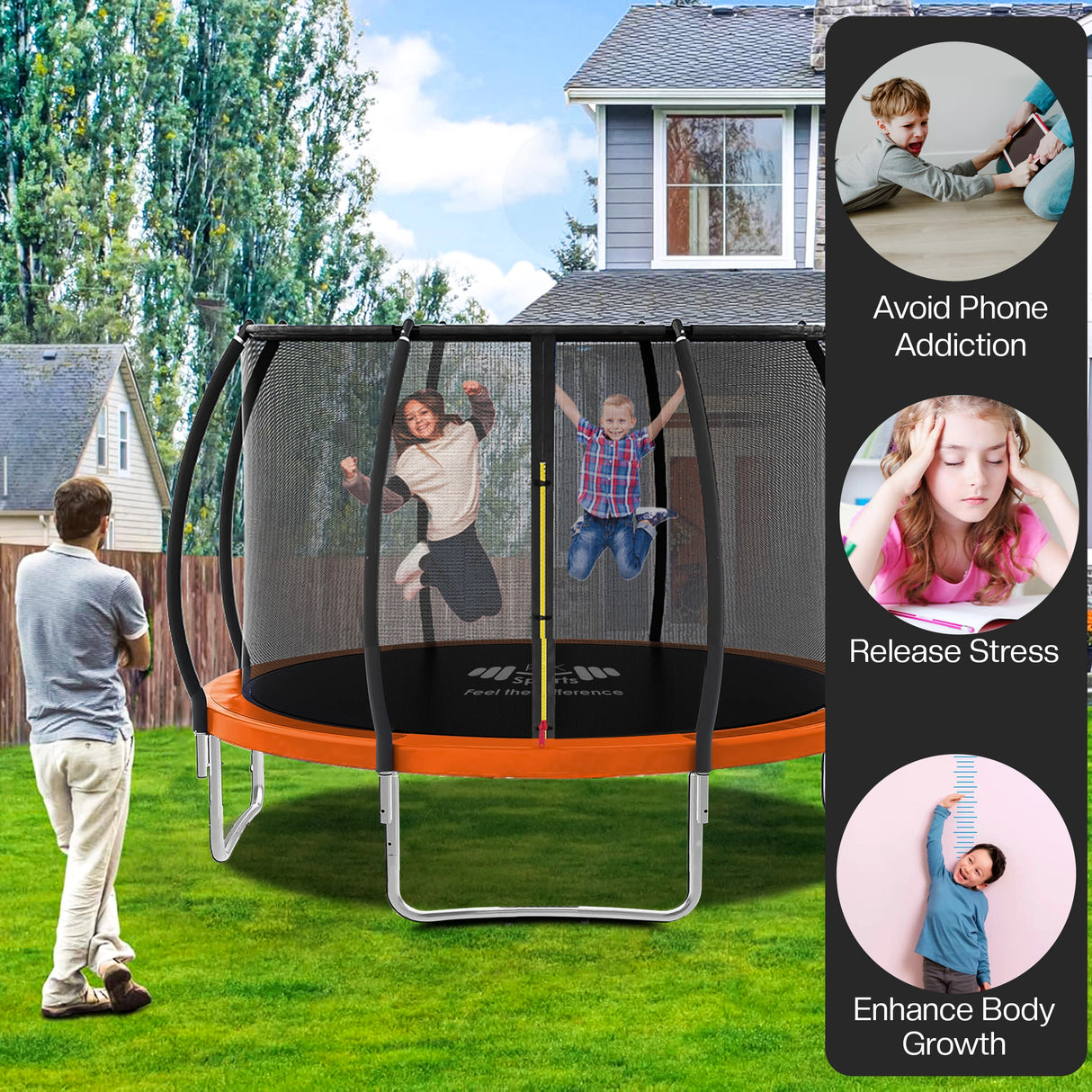 Children playing on a trampoline in a backyard with a house and trees in the background.