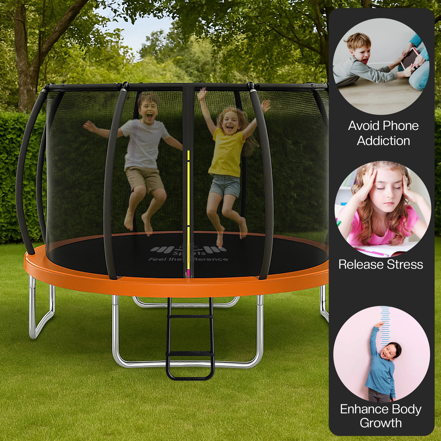 Children jumping on a trampoline with lifestyle benefits displayed on the right.