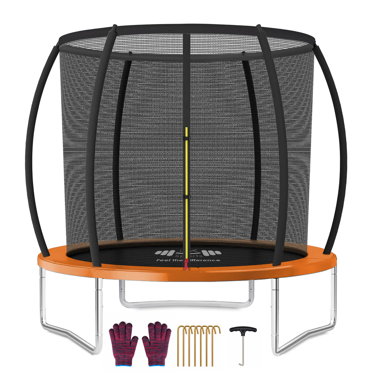 Trampoline with safety net, gloves, stakes, and pump on a white background