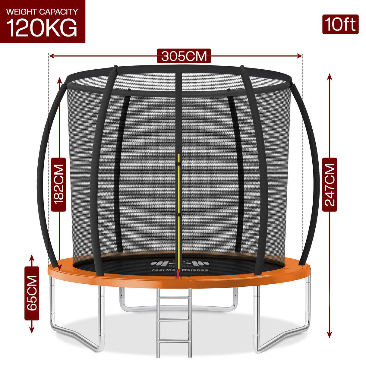 Trampoline with safety net and dimensions displayed on a white background