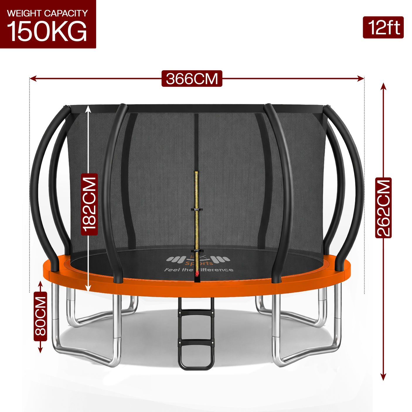 Trampoline with dimensions and weight capacity on a white background