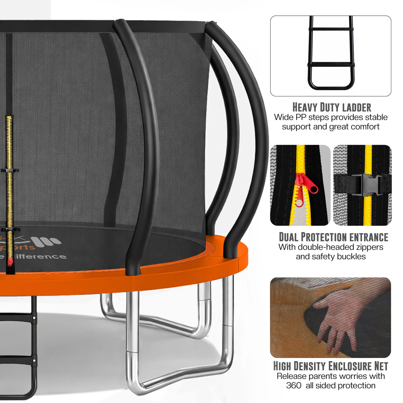 Trampoline with safety features highlighted on a white background