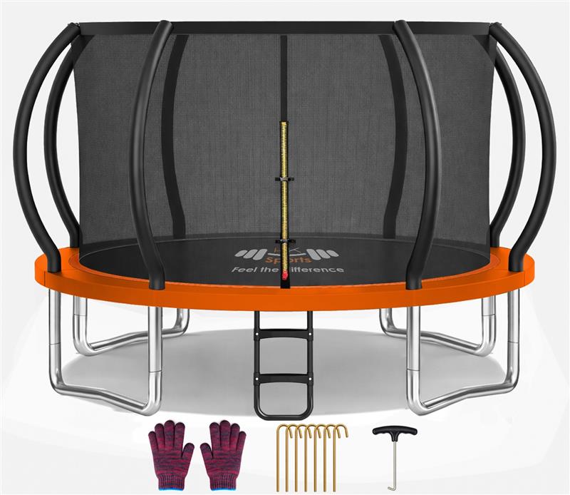 Trampoline with safety net, gloves, stakes, and a tool on a white background