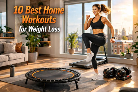 UK woman doing home cardio workout for weight loss in modern apartment