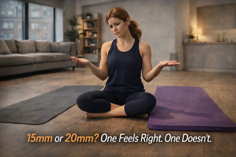 Confused woman choosing between 15mm and 20mm yoga mats at home UK, highlighting comfort vs stability