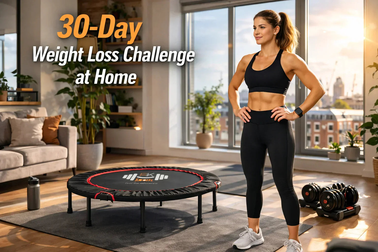 30 day weight loss challenge at home UK woman doing beginner workout in living room