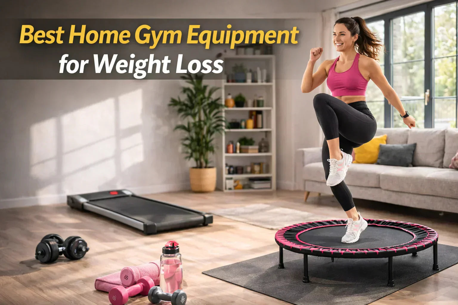UK woman performing home cardio workout with mini trampoline and walking pad in modern apartment home gym setup