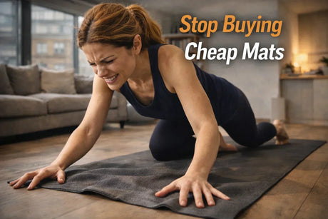 Woman on a yoga mat with text 'Stop Buying Cheap Mats' in a home setting