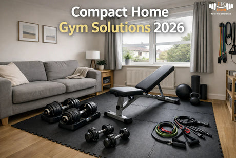 Home gym corner in UK flat with foldable bench and dumbbells”