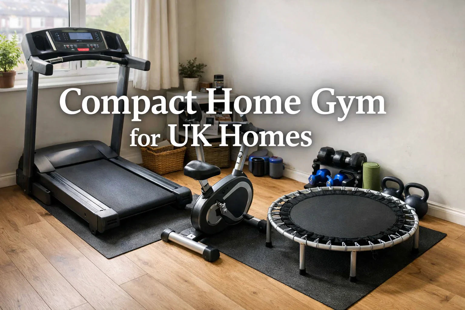Compact home gym in a small UK flat with treadmill and mini exercise bike