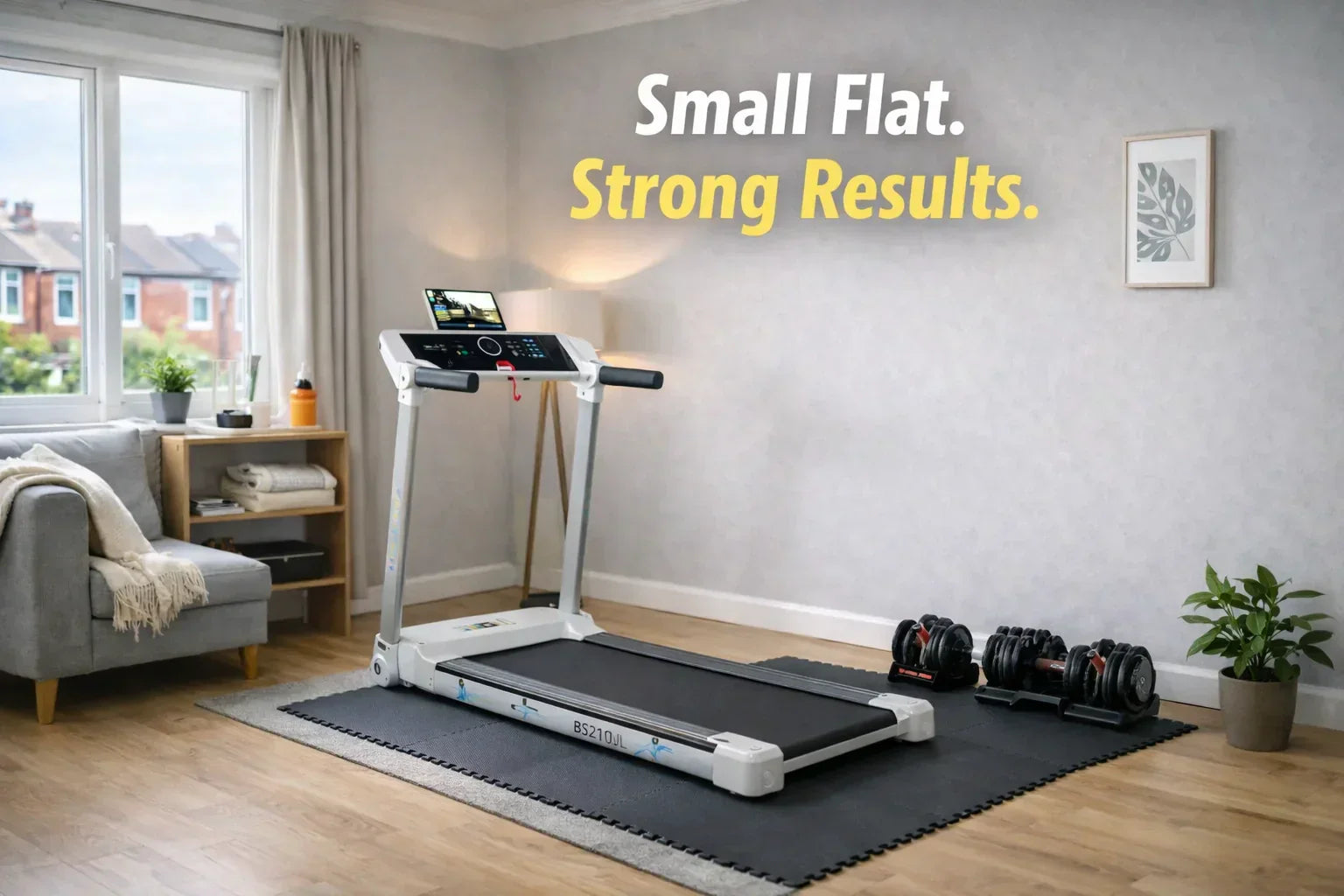 Compact home gym setup in small UK flat with foldable treadmill and adjustable dumbbells
