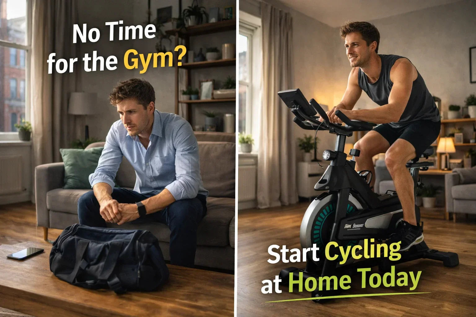 Man sitting on a stool in a living room with text 'No Time for the Gym?' and another man exercising on a stationary bike with text 'Start Cycling at Home Today'.