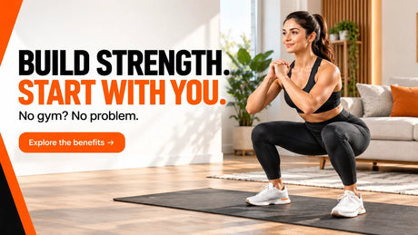 Adult performing a bodyweight squat at home for a beginner fitness workout.