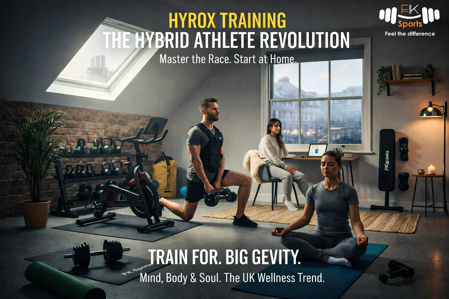 A modern UK home gym setup with FK Sports weight bench and dumbbells.