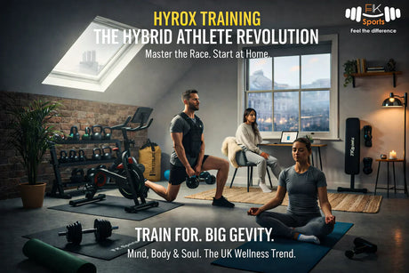 A modern UK home gym setup with FK Sports weight bench and dumbbells.