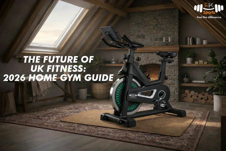 Modern home gym setup in a UK house featuring FK Sports equipment and exercise bike.