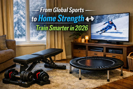 Home strength training setup in small UK living room inspired by Winter Olympics 2026