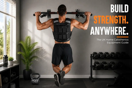 Home calisthenics equipment setup with pull-up bar, kettlebell and weighted vest in a UK home