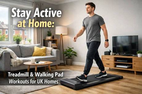 Young adult doing home cardio on a foldable walking pad in a compact UK flat, indoor exercise, staying fit in limited space