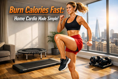 UK woman performing home cardio workout with mini trampoline and walking pad for weight loss.