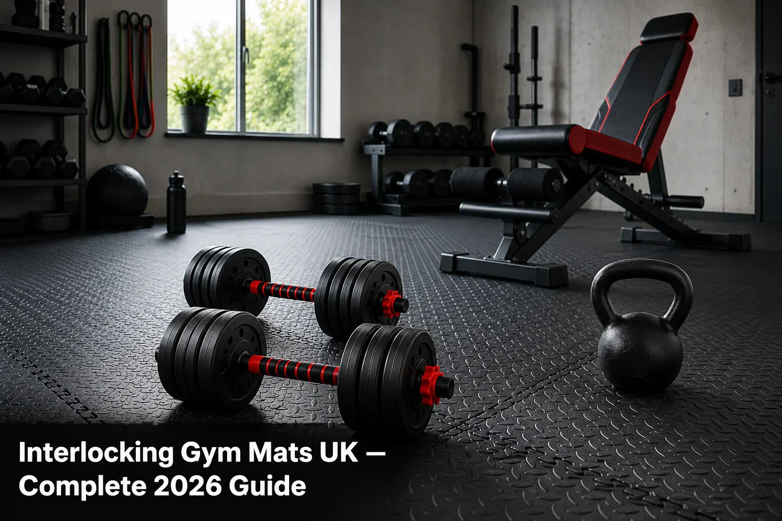 Grey EVA interlocking gym mats covering a UK home garage gym floor with dumbbells and workout bench