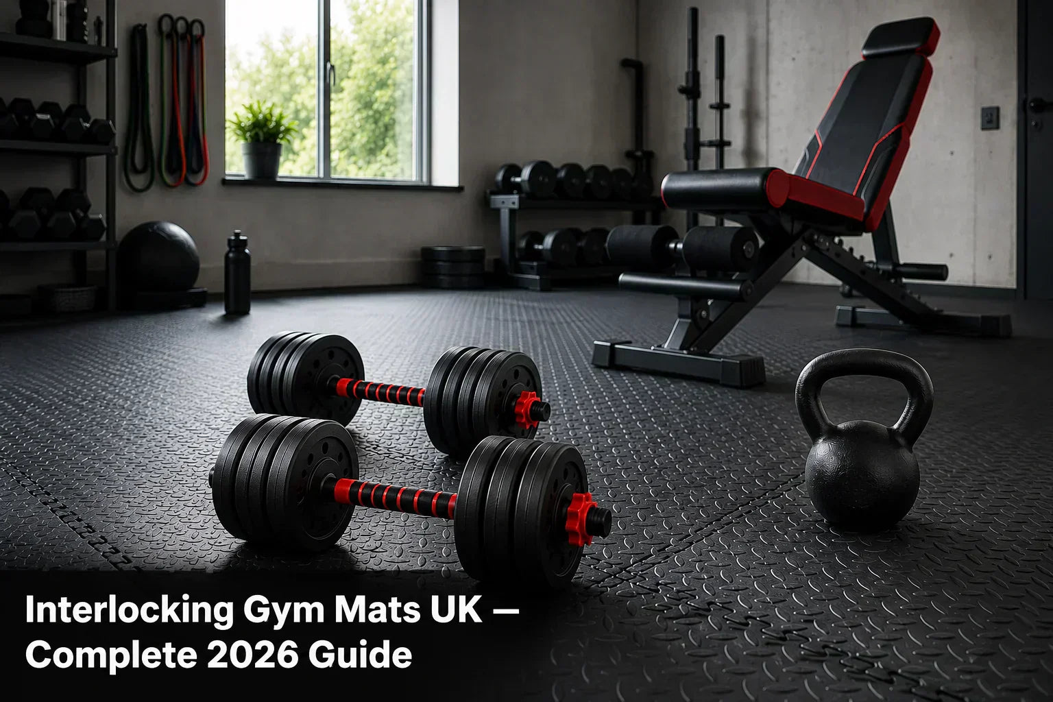 Grey EVA interlocking gym mats covering a UK home garage gym floor with dumbbells and workout bench