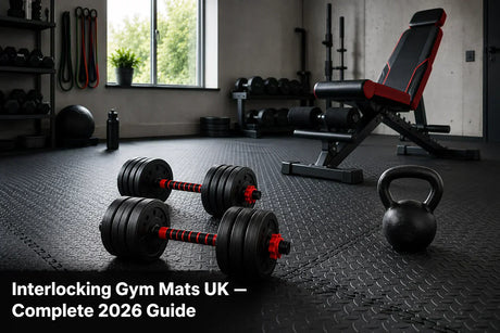 Grey EVA interlocking gym mats covering a UK home garage gym floor with dumbbells and workout bench