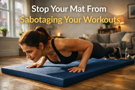 Woman doing home push-ups on 15–20mm non-slip yoga mat in UK living room