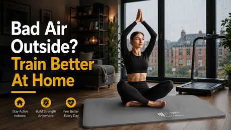 British woman doing indoor home workout with yoga mat and walking pad in UK apartment