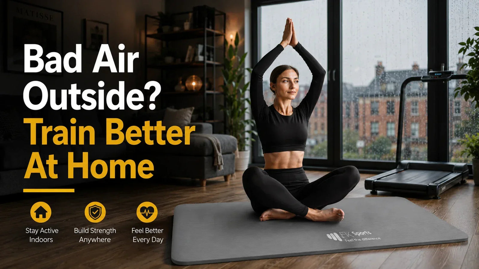 British woman doing indoor home workout with yoga mat and walking pad in UK apartment