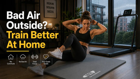 British woman doing indoor home workout with yoga mat and walking pad in UK apartment