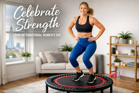 UK woman performing mini trampoline workout at home for International Women’s Day.