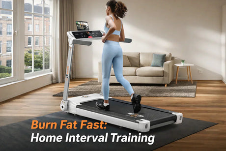 Young adult performing treadmill interval workout in UK flat for home cardio